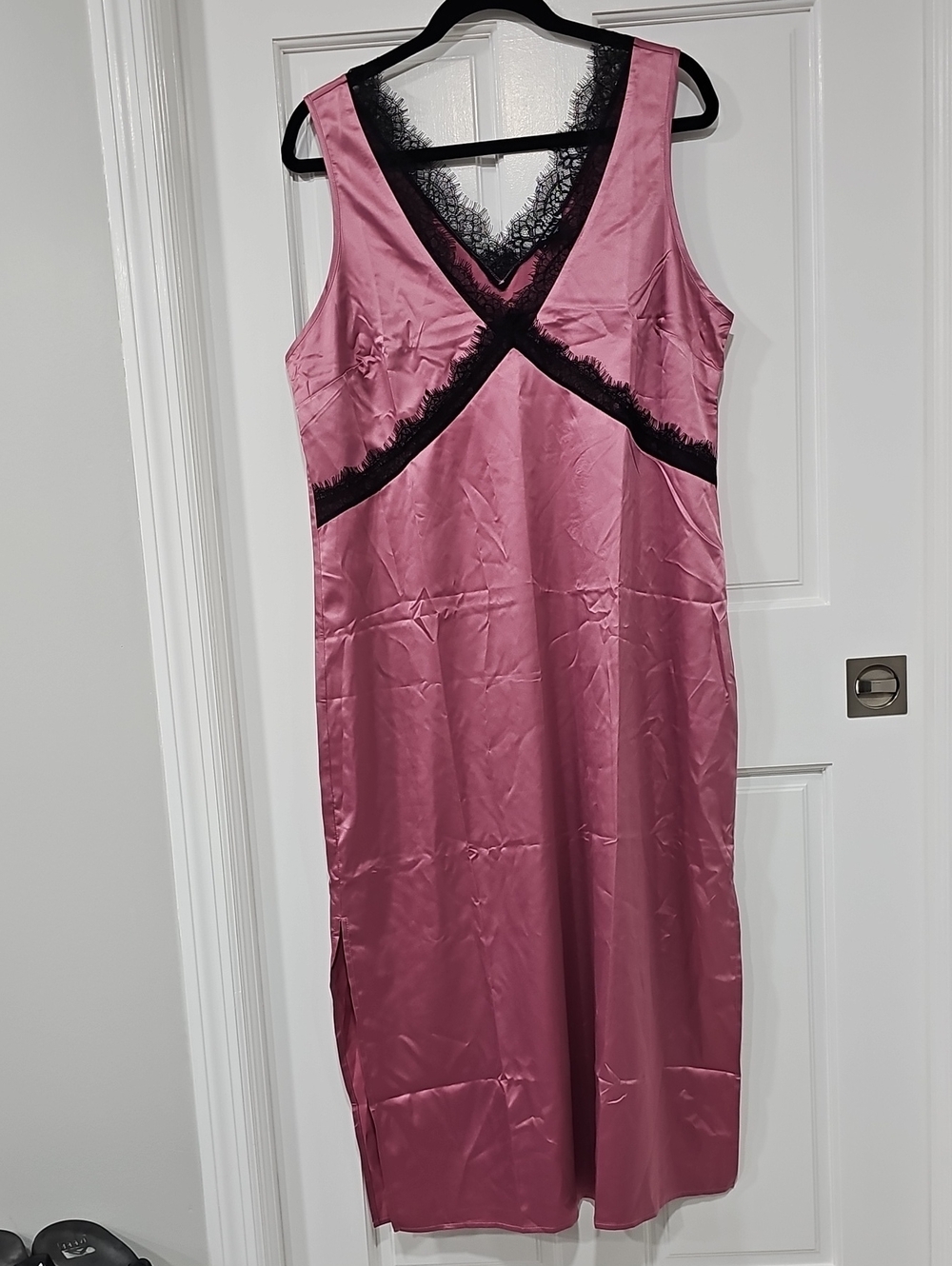 VENUS Pink Satin Slip Dress with Black Lace Trim